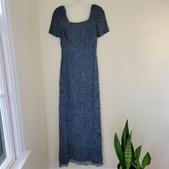Sean Collection Beaded Long Gown Short Sleeve High Waist Blue Gray Dress Size Sm - Picture 3 of 15